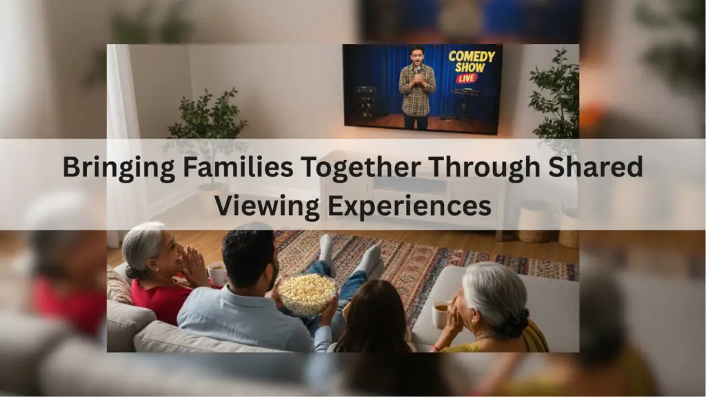 Family enjoying shared smart TV viewing experience with VRK Networks high-speed internet.
