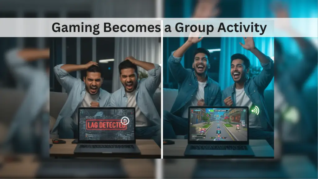 Friends gaming together with fast, lag-free VRK Networks internet connection.

