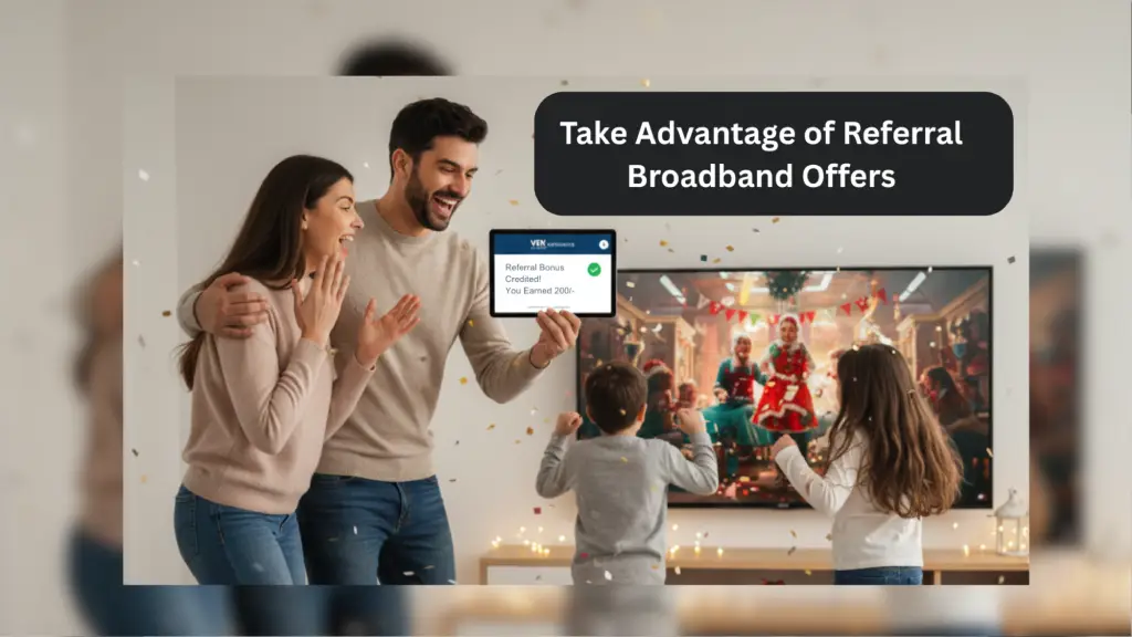 Happy family celebrating in their living room as parents earn a referral bonus through broadband referral offers while kids enjoy streaming on a TV, promoting VRK high-speed internet referral rewards program