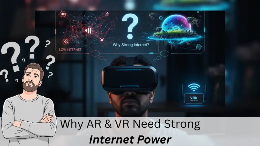 Person using a VR headset showing AR and VR performance issues due to low internet versus strong VRK fiber internet power for seamless virtual reality experience.
