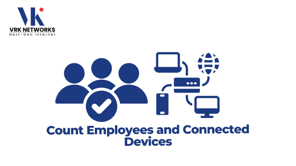 Graphic titled "Count Employees and Connected Devices" featuring the VRK Networks logo, a three-user team icon with a checkmark badge, and a central router hub linked to a laptop, desktop, smartphone, and globe. 
