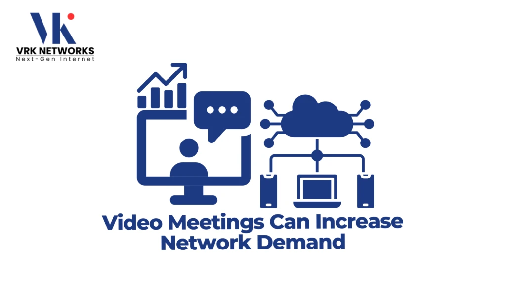 Graphic titled "Video Meetings Can Increase Network Demand" featuring the VRK Networks logo, a computer showing a video call with a rising growth chart, and a connected cloud server network linked to laptops and smartphones. 