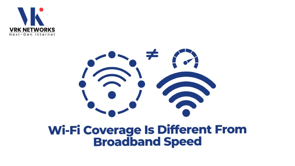 Graphic titled "Broadband for Remote Professionals" featuring the VRK Networks logo, a dual-antenna Wi-Fi router emitting wireless signals, and an icon of a person working on a laptop under a roof structure. 